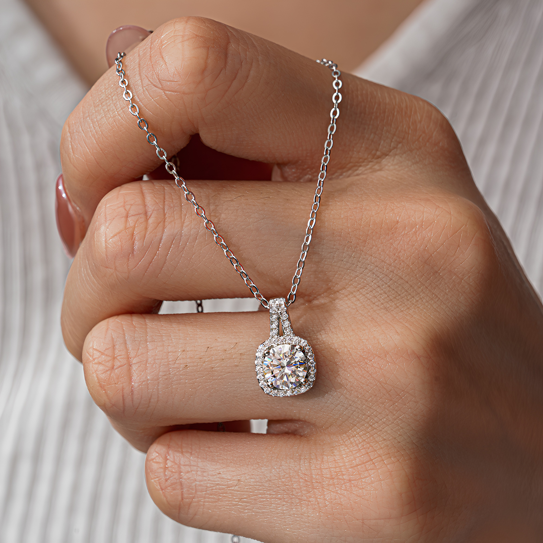 Round Moissanite Halo Pendant Necklace – Cushion Frame | 1–2 Carat | 925 Sterling Silver
