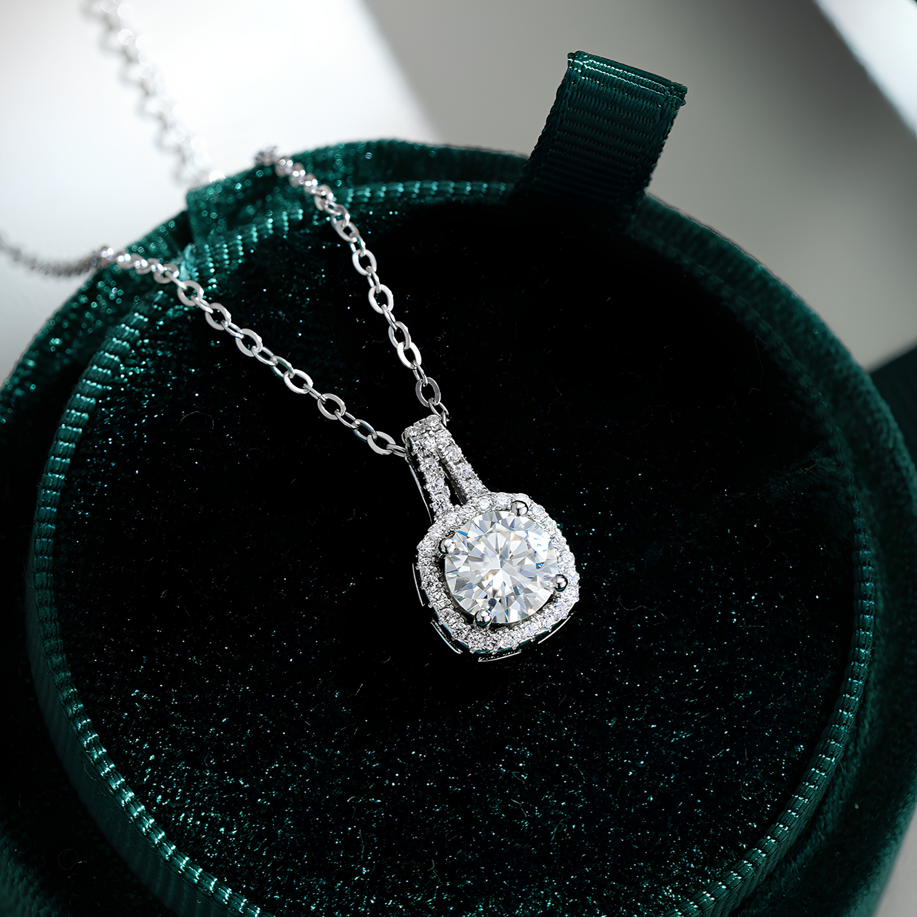 Round Moissanite Halo Pendant Necklace – Cushion Frame | 1–2 Carat | 925 Sterling Silver