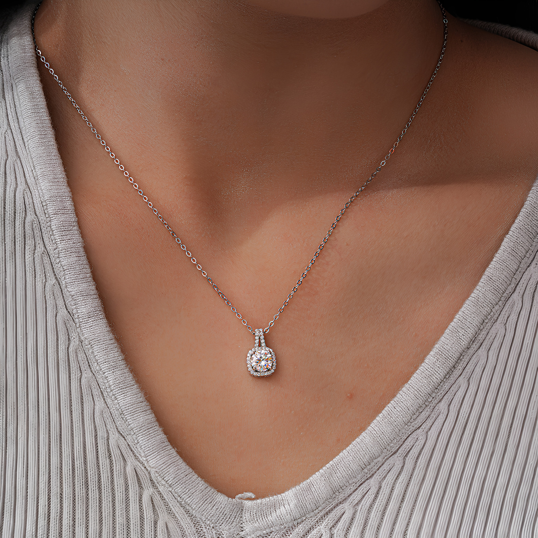 Round Moissanite Halo Pendant Necklace – Cushion Frame | 1–2 Carat | 925 Sterling Silver