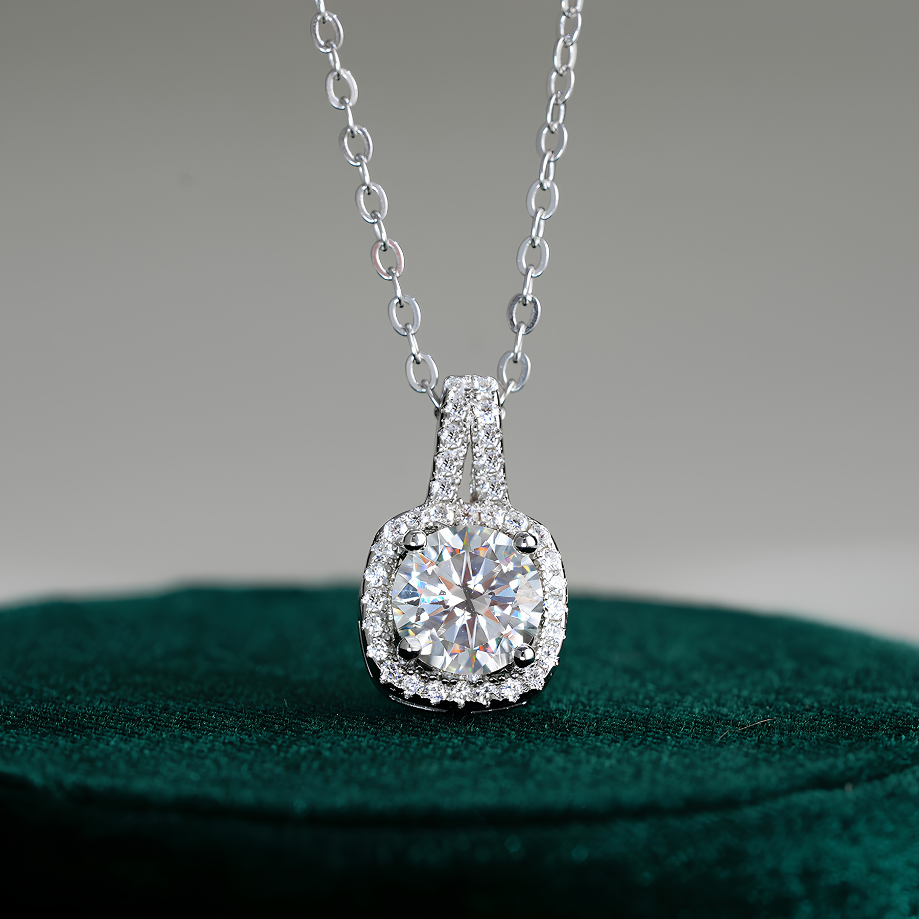 Round Moissanite Halo Pendant Necklace – Cushion Frame | 1–2 Carat | 925 Sterling Silver