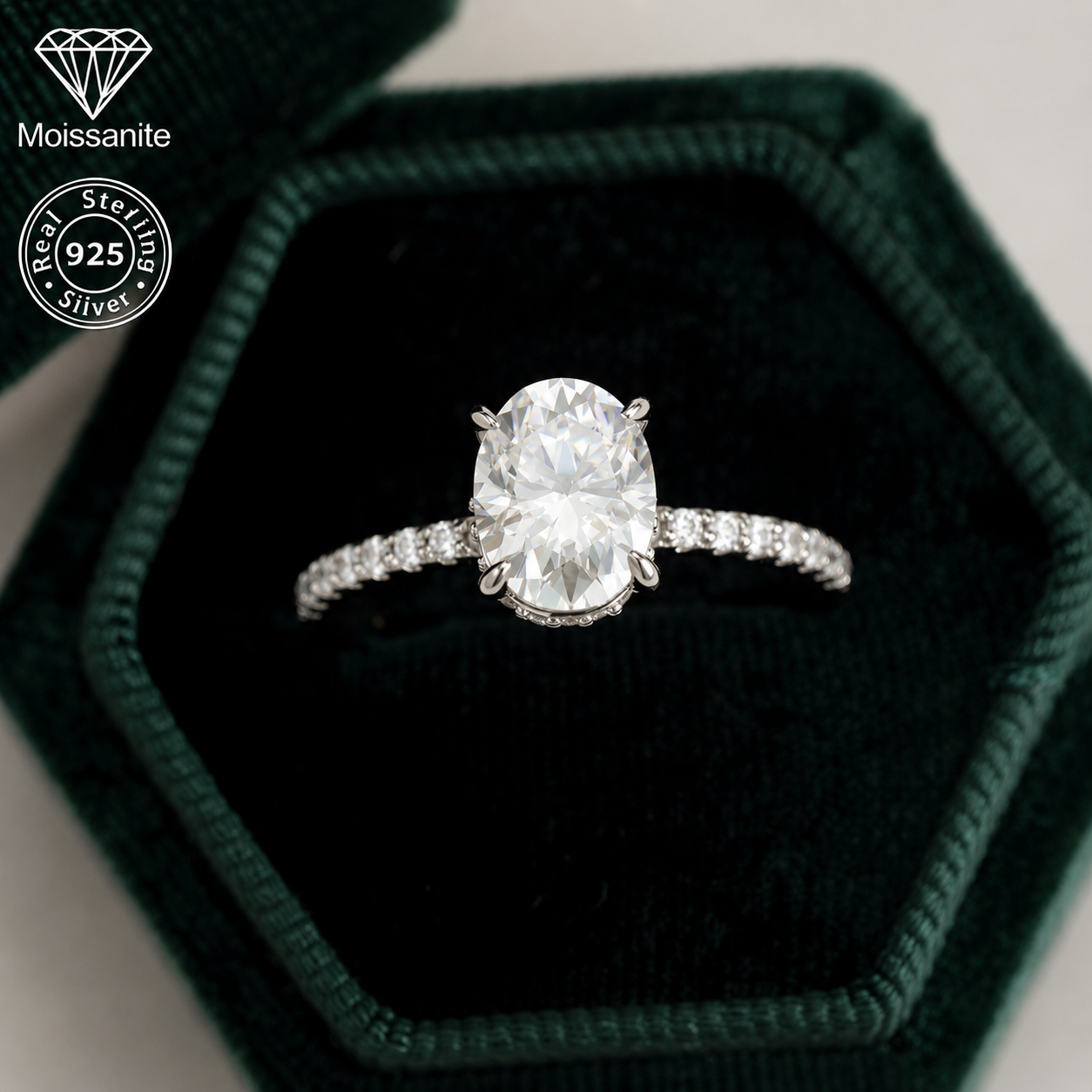Classic Oval Cut Moissanite Engagement Ring - 925 Purity Sterling Silver, 1/2/3 CARAT, Lightweight, Geometric, Crown Accent