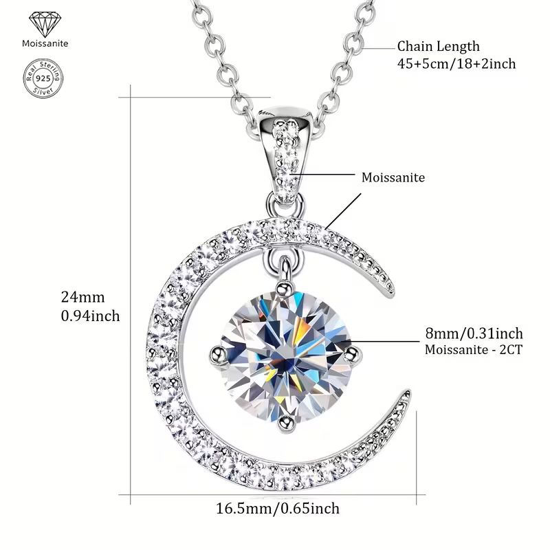 Moon & Sun Moissanite Pendant Necklace, 925 Sterling Silver, 2.31CTW Round Cut Moissanite, Celestial Jewelry Gift for Women