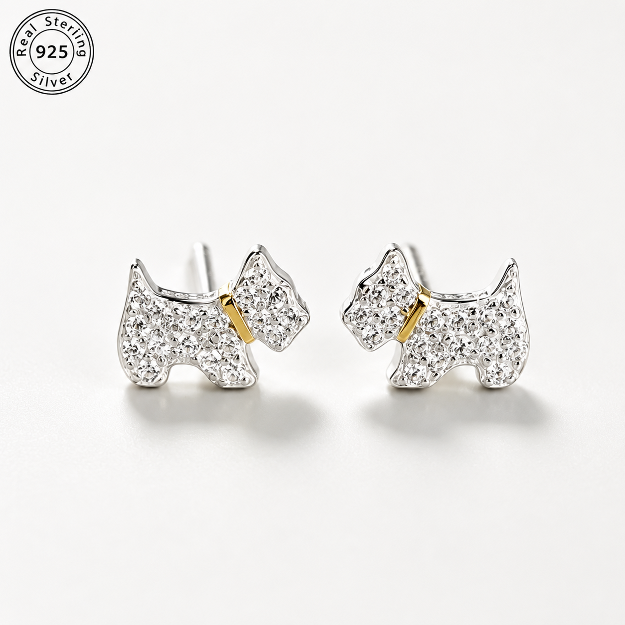 Puppy Stud Earrings for Women, 925 Sterling Silver, Sparkling Zirconia Dog Earrings, Hypoallergenic Pet Lover Jewelry