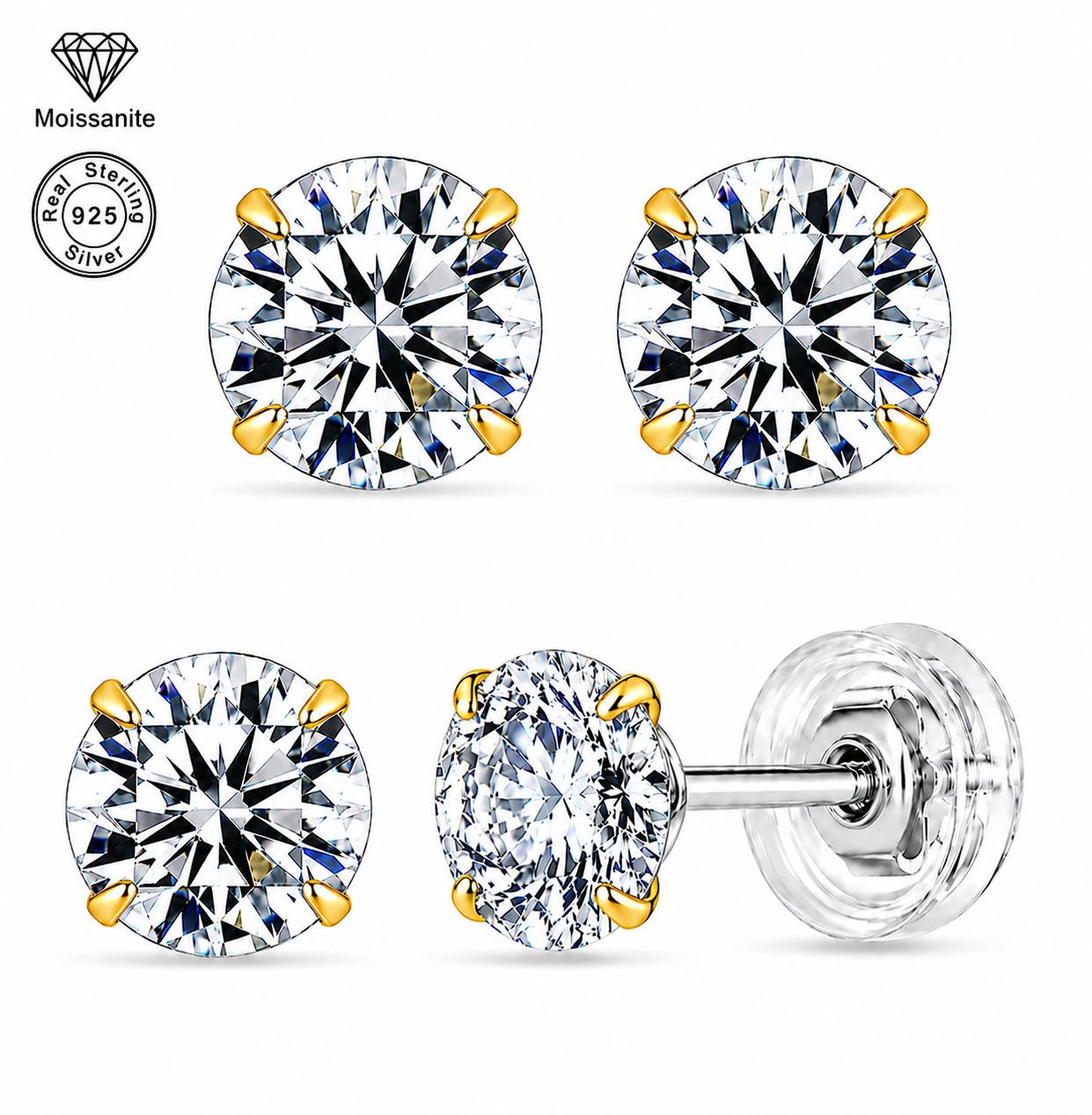 925 Sterling Silver Four-Prong Round Moissanite Stud Earrings