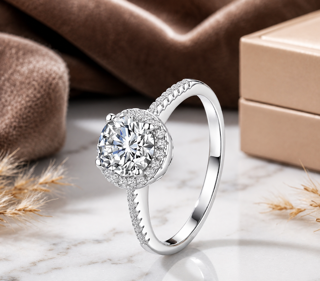 Round Cut Halo Pavé Moissanite Engagement Ring – 1CT / 2CT / 3CT | 925 Sterling Silver