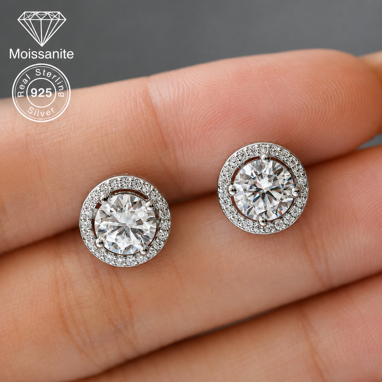 Round Cut Round Halo Moissanite Stud Earrings – 0.5 CARAT / 1 CARAT | 925 Sterling Silver
