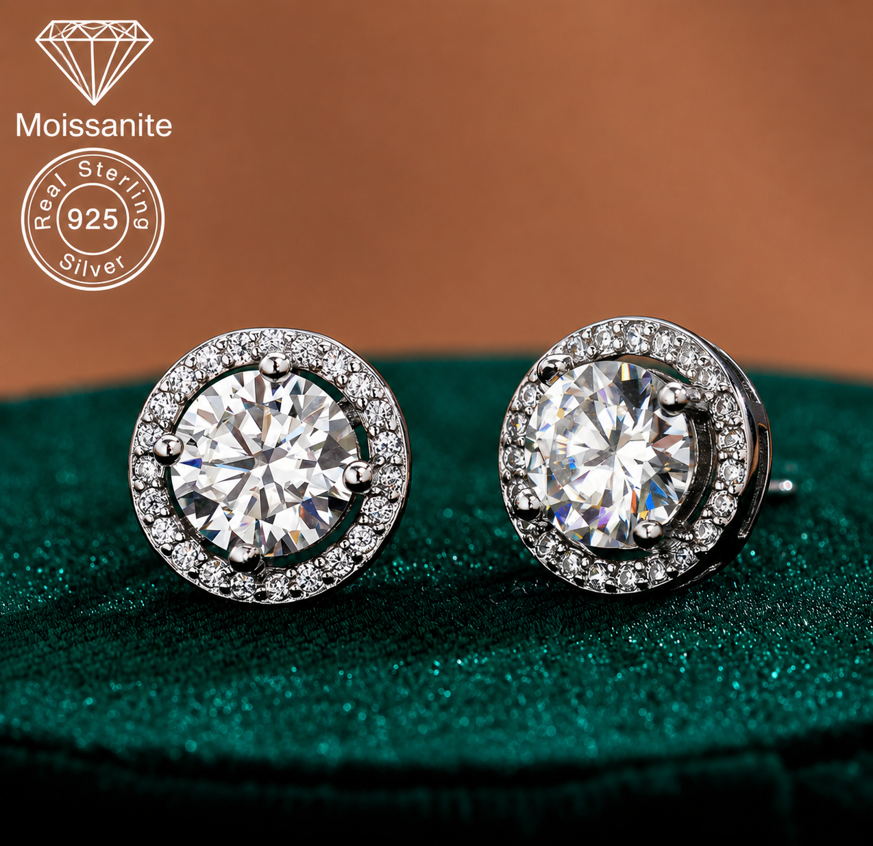 Round Cut Round Halo Moissanite Stud Earrings – 0.5 CARAT / 1 CARAT | 925 Sterling Silver