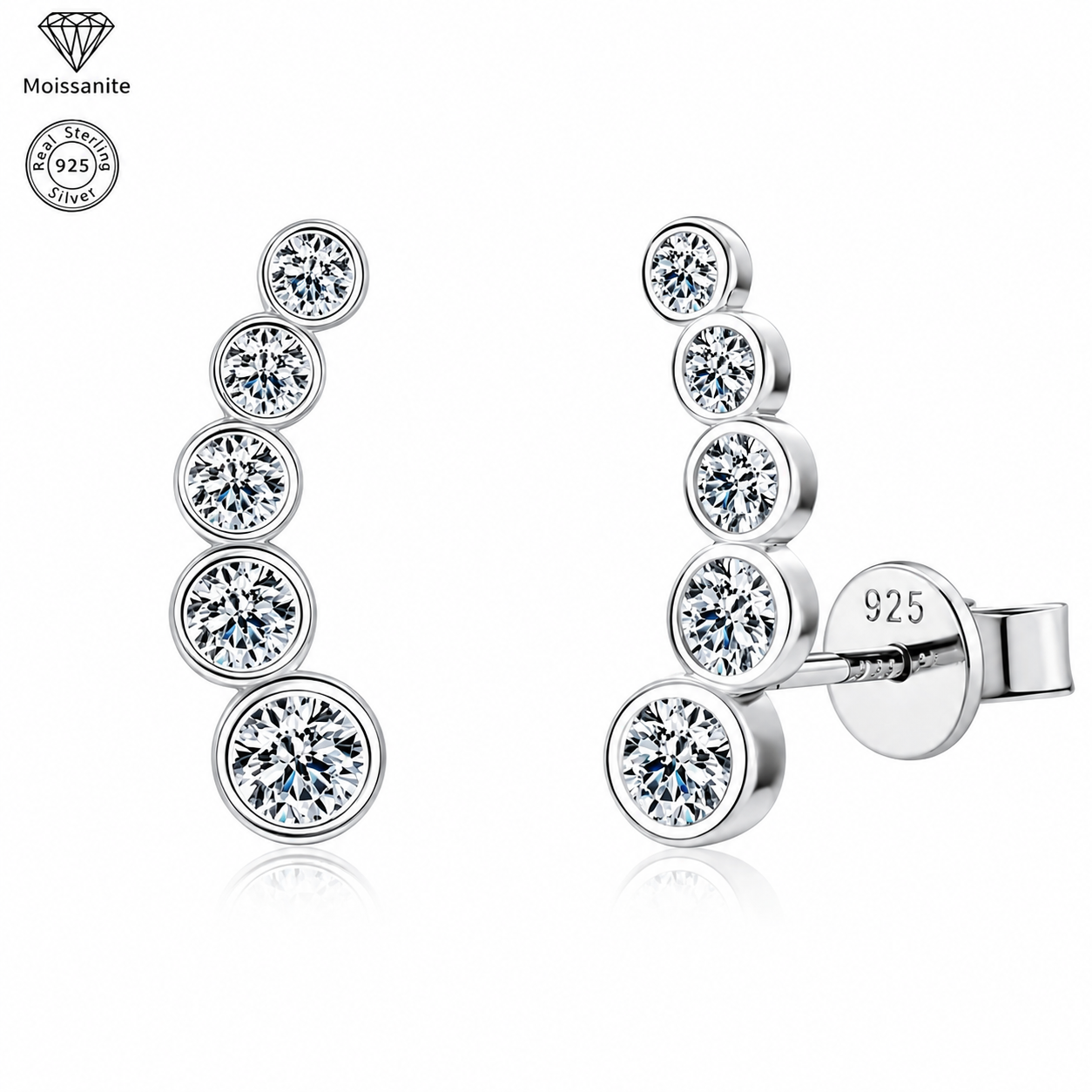 Moissanite Climber Stud Earrings for Women, 925 Sterling Silver, Elegant Ear Climber Earrings, Hypoallergenic Fine Jewelry