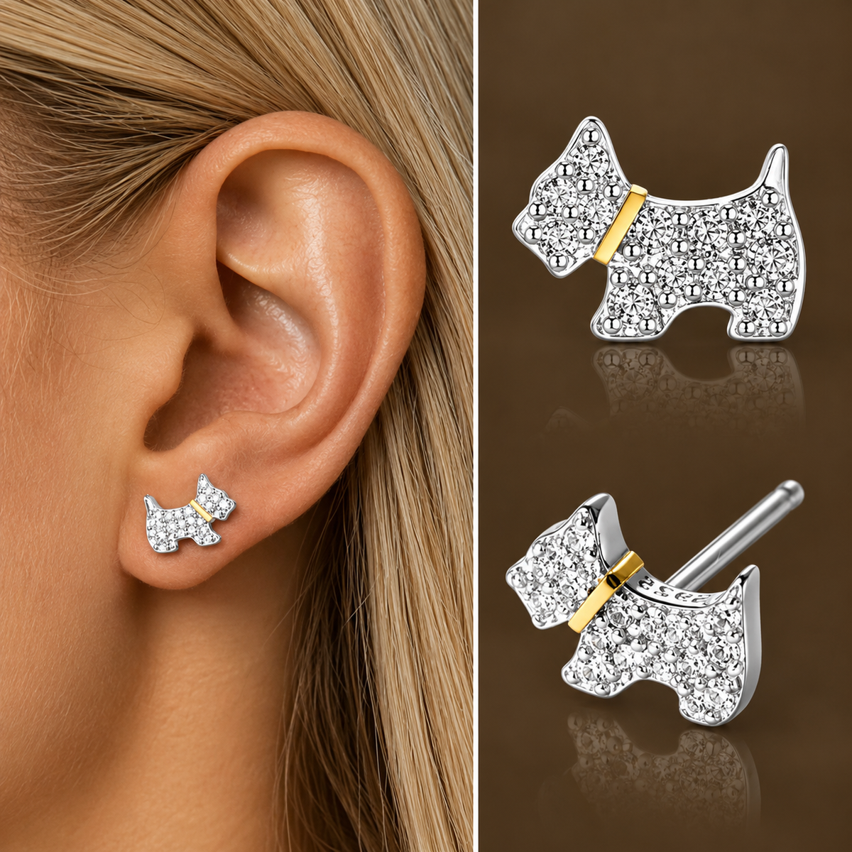 Puppy Stud Earrings for Women, 925 Sterling Silver, Sparkling Zirconia Dog Earrings, Hypoallergenic Pet Lover Jewelry