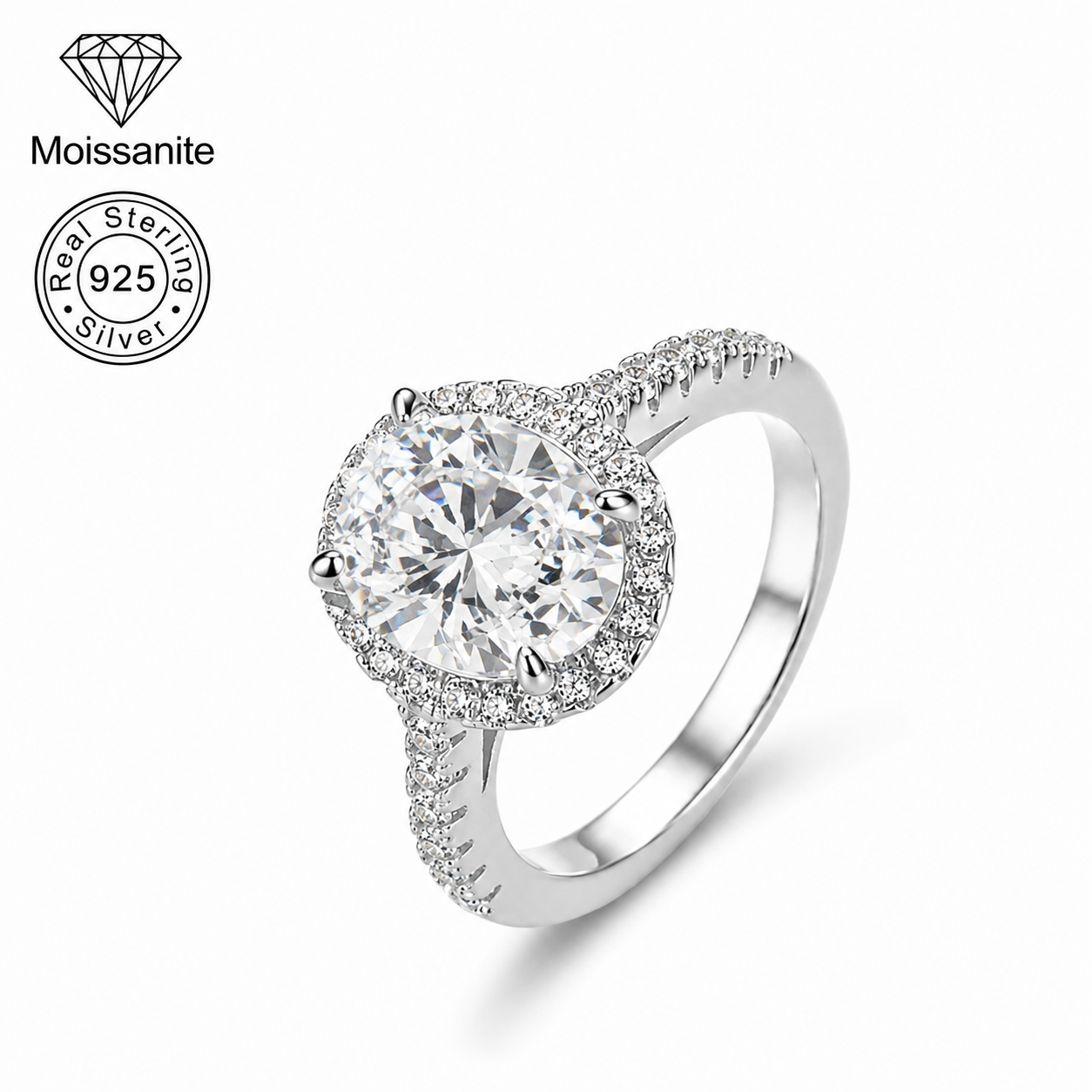 Oval Halo Moissanite Engagement Ring – 2 Carat | Pavé Band | 925 Sterling Silver