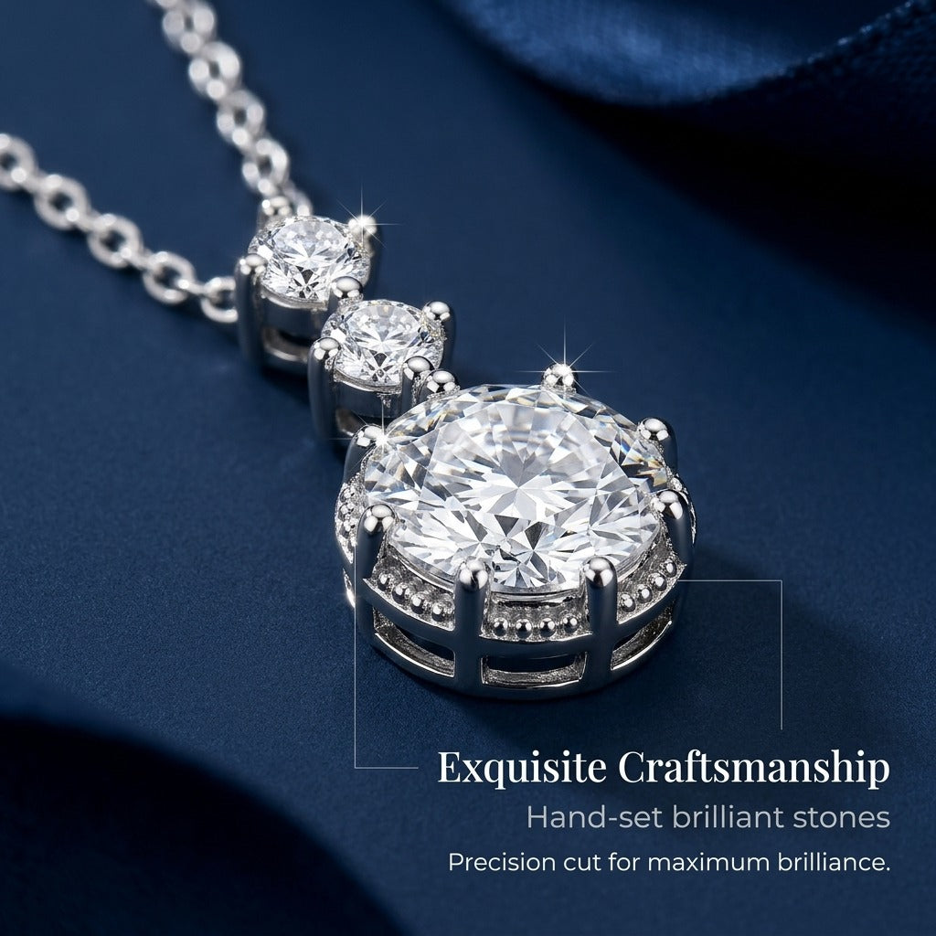 925 Sterling Silver Dainty Geometric Drop Round Pendant - 1 Carat Moissanite, Lightweight, Layering-Friendly, Comfortable Cable Chain, N925-34-17