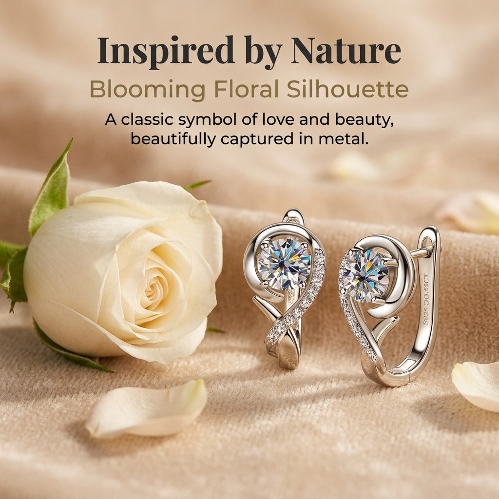 Rose Moissanite Earrings for Women, 925 Sterling Silver Flower Earrings, 1.10CTW Round Cut Moissanite, Elegant Fine Jewelry Gift