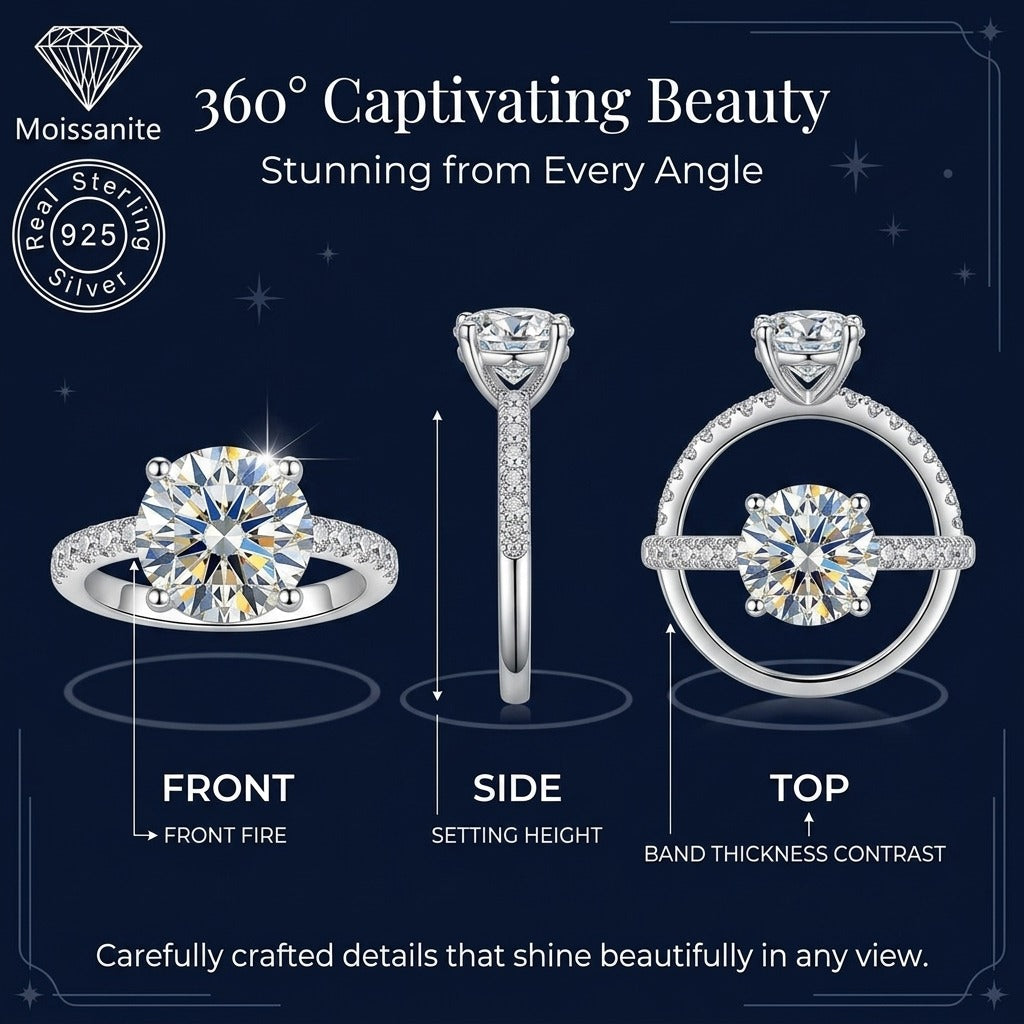 Female VVS Round Cut Pavé Moissanite Engagement Ring - 1 ct, 2ct, 3 CARAT - 925 Sterling Silver